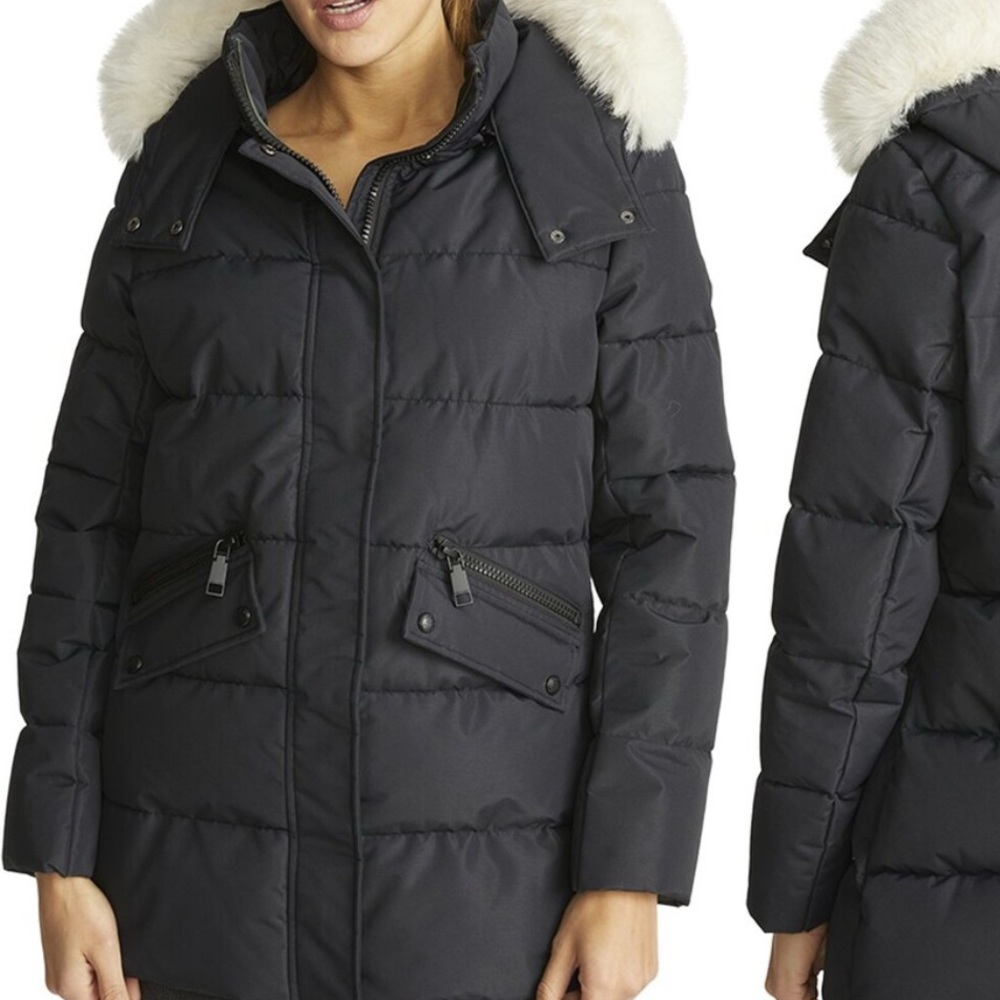 Rebecca Minkoff Taslon Black Puffer Jacket - White Faux Fur Removable Hood NWOT